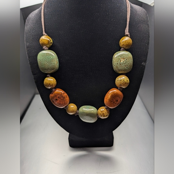 Artisanal Green Blue and Brown Ceramic Beaded Necklace - Picture 1 of 5